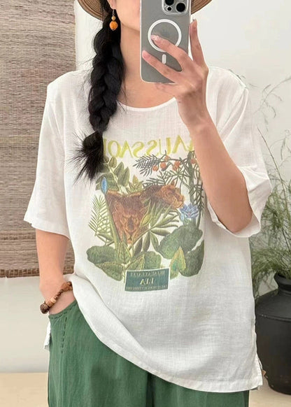 Lose T Open Sommer Seite Leinen Shirts Druck Weiß