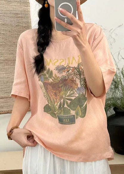 Lose T Open Sommer Seite Leinen Shirts Druck Weiß