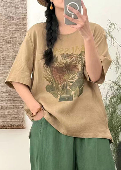 Lose T Open Sommer Seite Leinen Shirts Druck Weiß