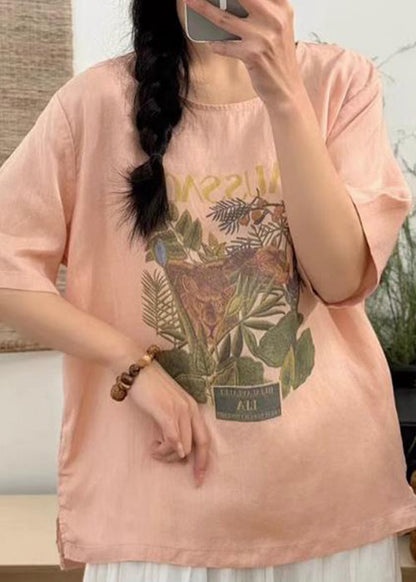 Lose T Open Sommer Seite Leinen Shirts Druck Weiß