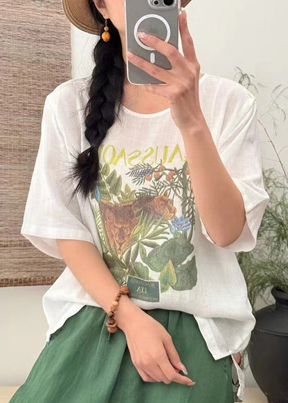 Lose T Open Sommer Seite Leinen Shirts Druck Weiß