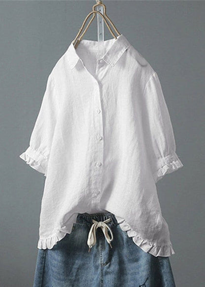 Chemise ample en coton uni à volants et boutons blancs pour l'été QE032