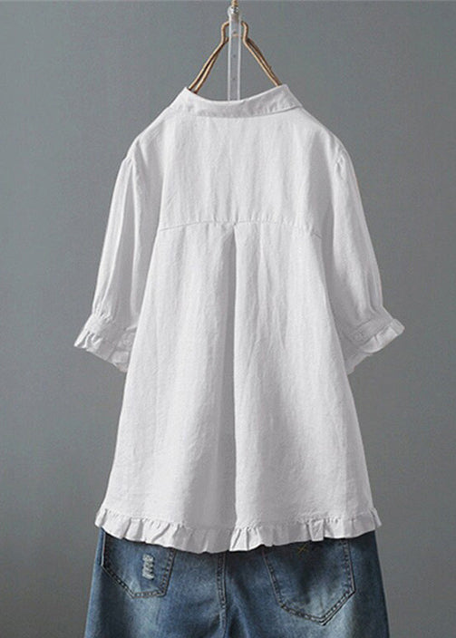 Loose White Ruffled Button Solid Cotton Shirt Summer QE032