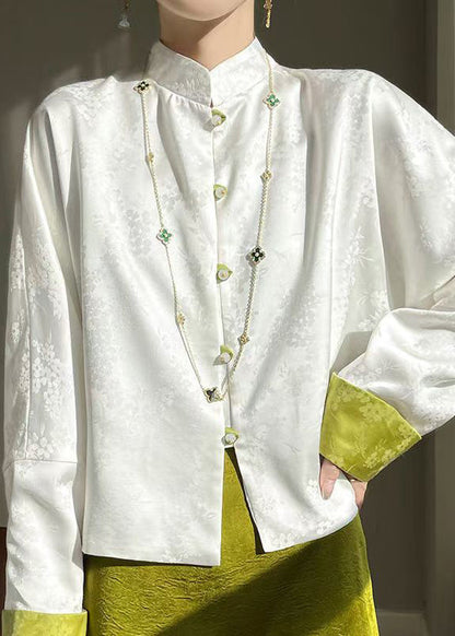 Loose White Stand Collar Button Silk Shirt Long Sleeve AB1055