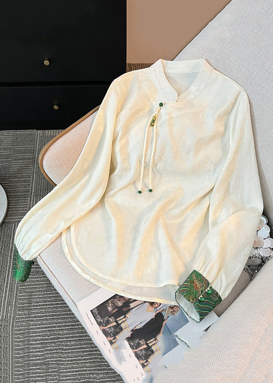 Loose White Stand Collar Button Silk Shirts Fall QO006