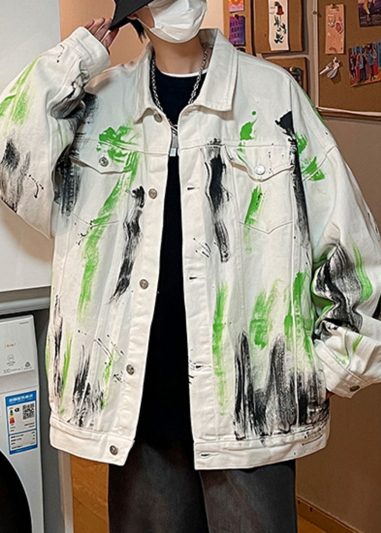 Loose White Tie Dye Button Denim Men Coat Fall WA029