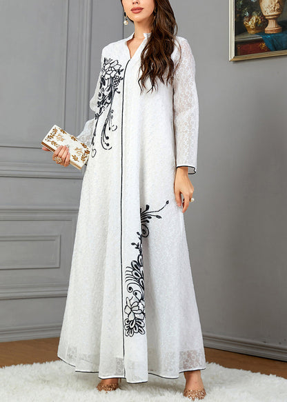 Robe ample en coton blanc à col en V et manches longues AA1047