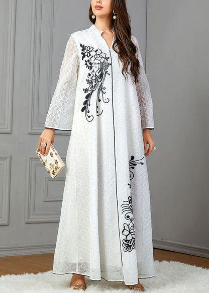 Robe ample en coton blanc à col en V et manches longues AA1047