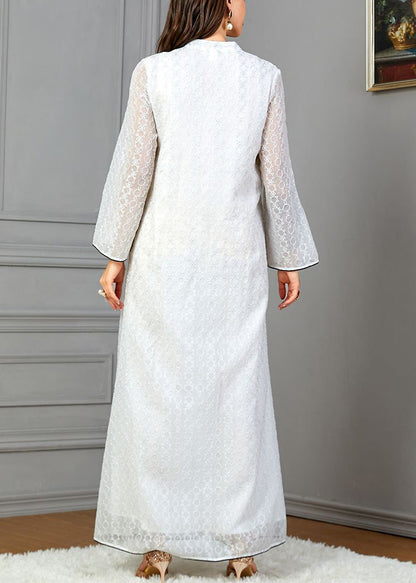 Robe ample en coton blanc à col en V et manches longues AA1047