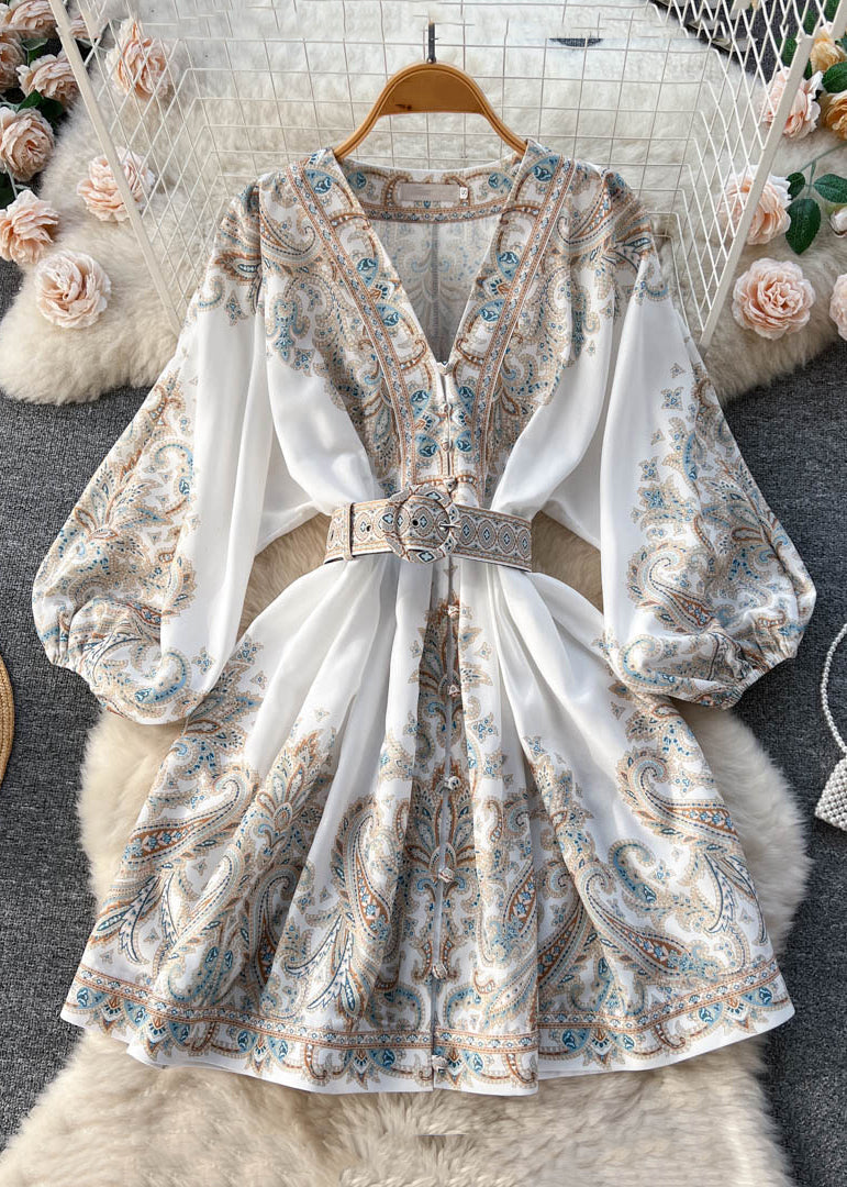 Loose White V Neck Print Cotton Mid Dress Long Sleeve TR052