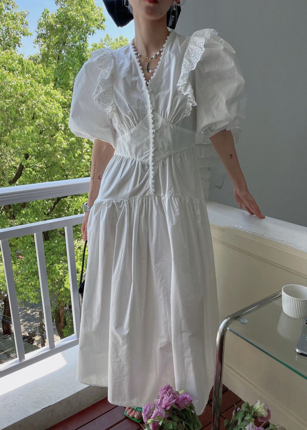 Loose White V Neck Wrinkled Hollow Out Cotton Dress Summer XX071