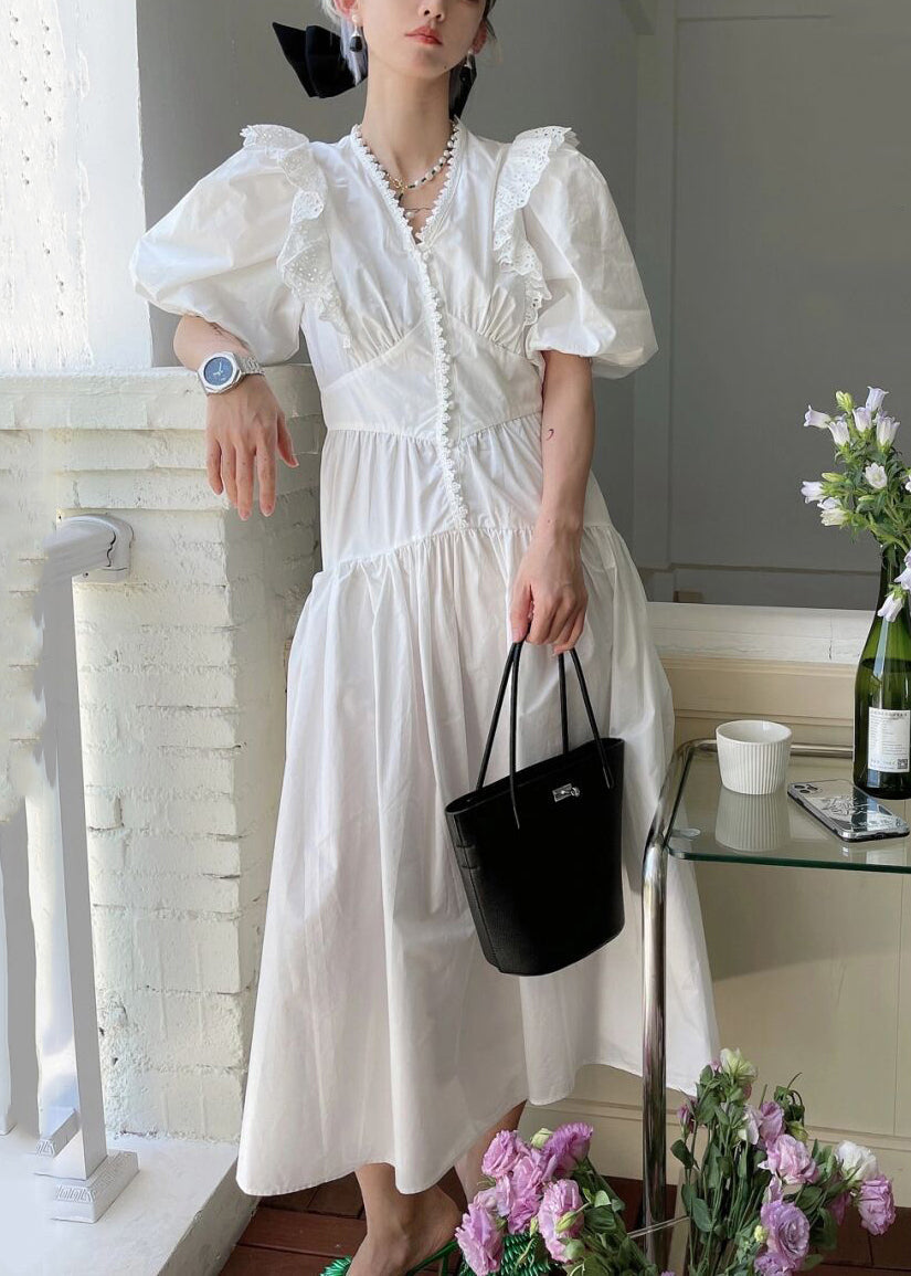 Loose White V Neck Wrinkled Hollow Out Cotton Dress Summer XX071