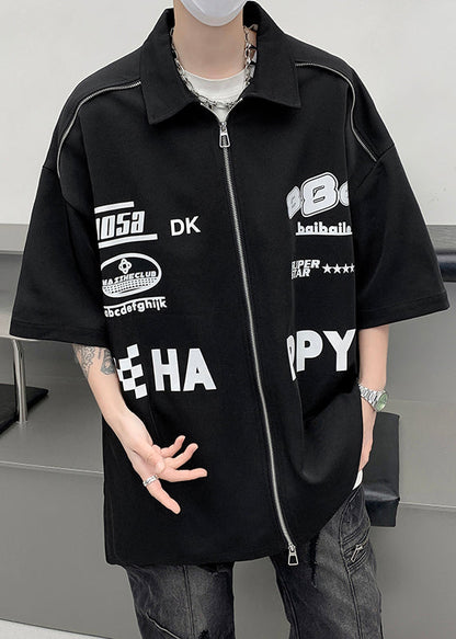 Hemd Weiß Sleeve Up Herren Lose Brief Zip Halb Baumwolle