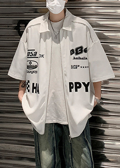 Hemd Weiß Sleeve Up Herren Lose Brief Zip Halb Baumwolle