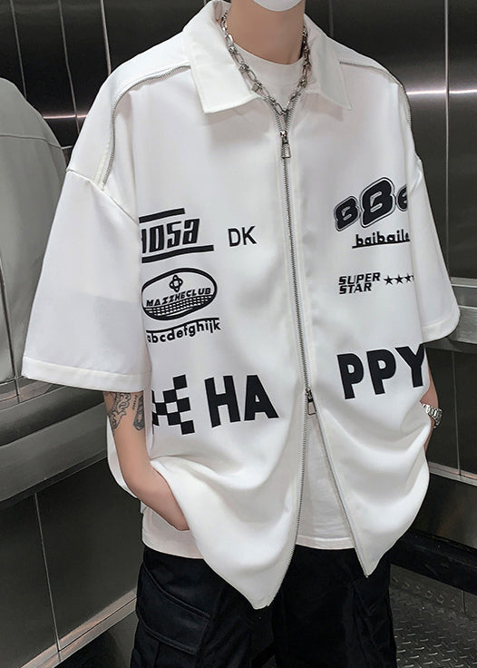 Hemd Weiß Sleeve Up Herren Lose Brief Zip Halb Baumwolle