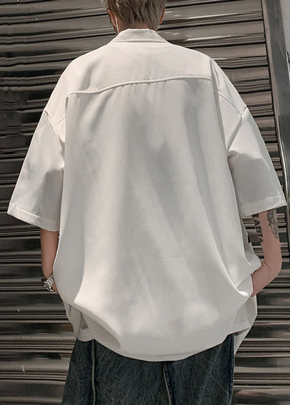 Hemd Weiß Sleeve Up Herren Lose Brief Zip Halb Baumwolle