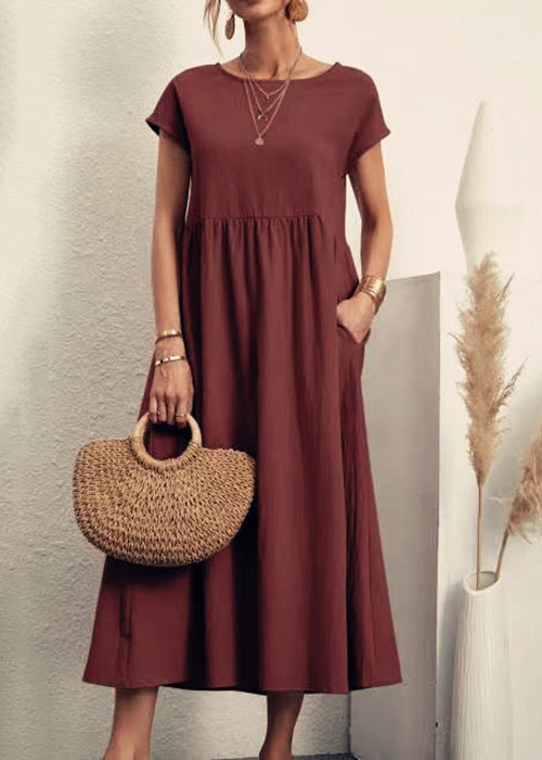 Loose Wine Red O Neck Pockets Solid Cotton Long Dresses Summer QE030