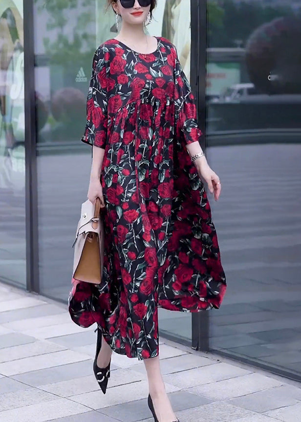 Loose Wine Red Print O Neck Silk Long Dresses Half Sleeve OP1018