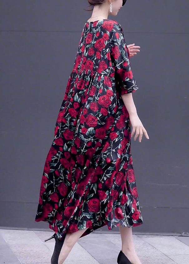 Loose Wine Red Print O Neck Silk Long Dresses Half Sleeve OP1018