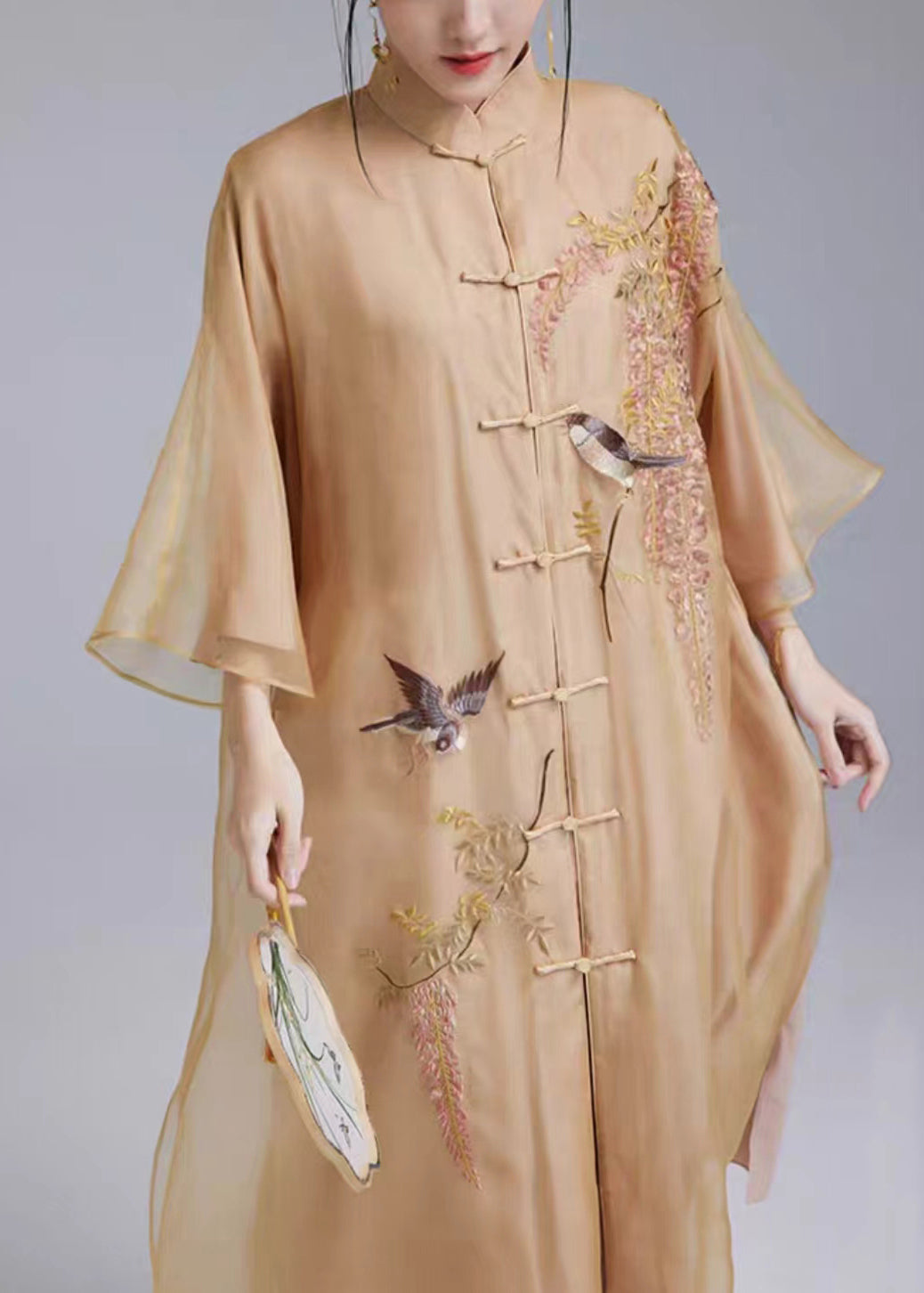 Loose Yellow Embroidered Button Silk Dress Flare Sleeve Ada Fashion