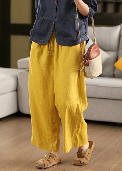 Lose Taille Elastische Hose Sommer Crop Up Leinen Gelb Spitze