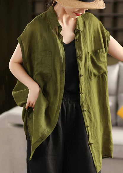 Button Pan Kragen Peter Sommer Taschen Lose Hemd Gelb Baumwolle