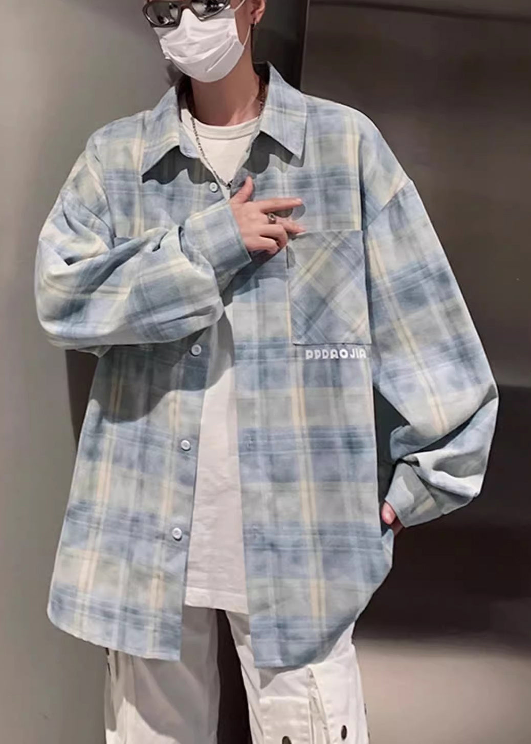 Kariertes Hemd mit Taschen für Herren, Peter-Kragen, lockere Pan-Gelb-Baumwolle