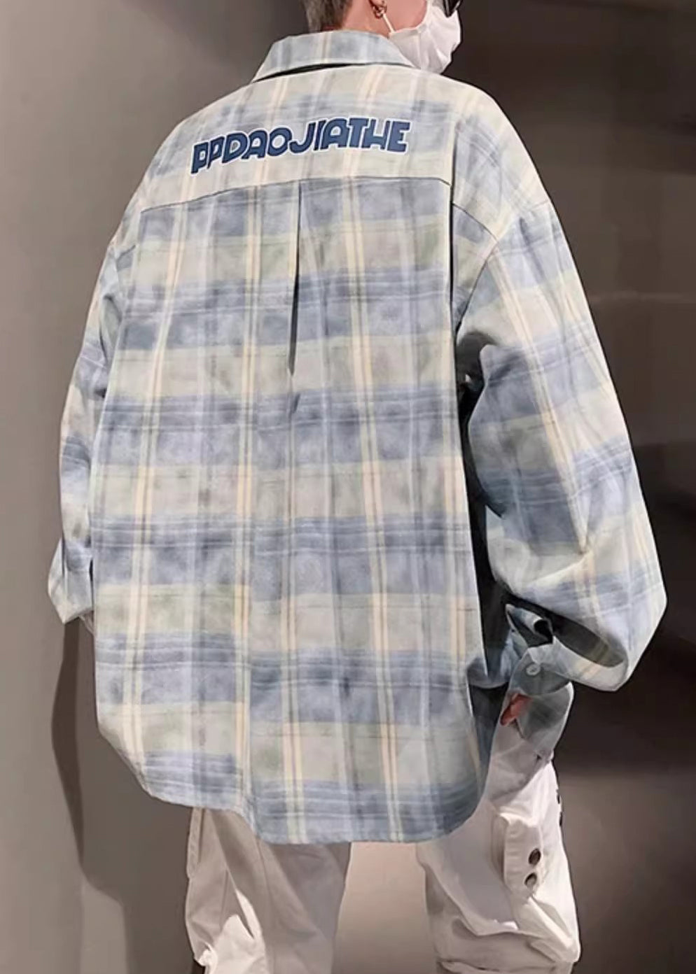 Kariertes Hemd mit Taschen für Herren, Peter-Kragen, lockere Pan-Gelb-Baumwolle