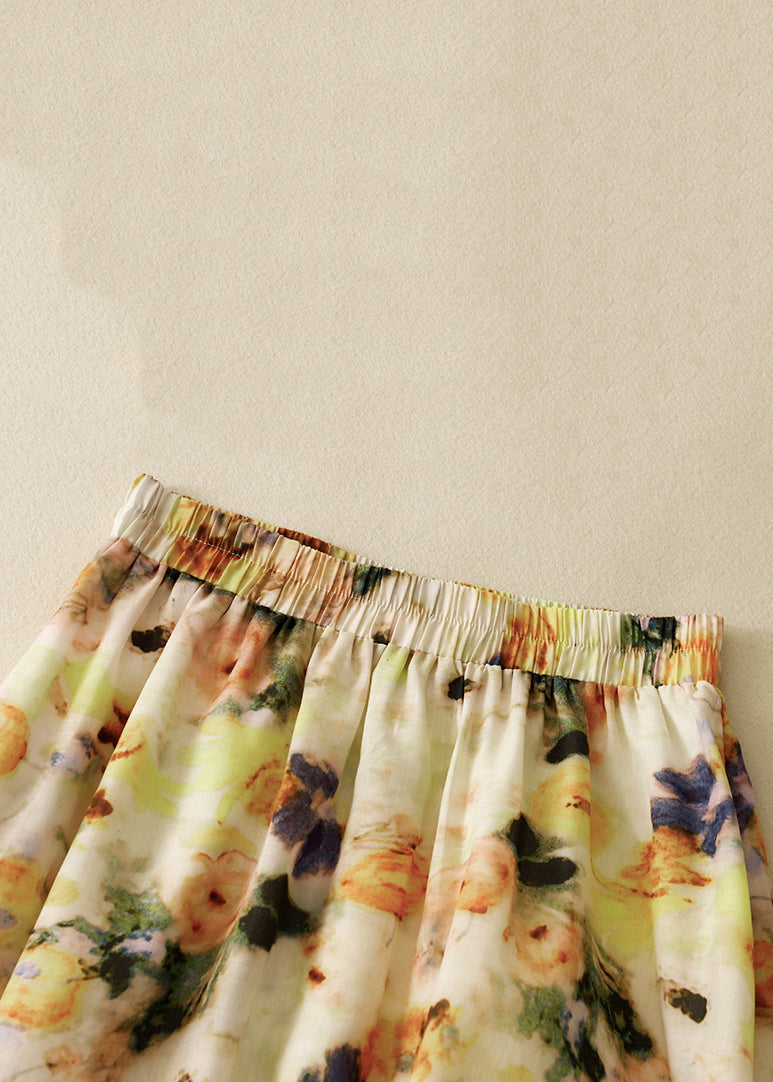 Loose Yellow Print Elastic Waist Cotton Skirts Summer GG009