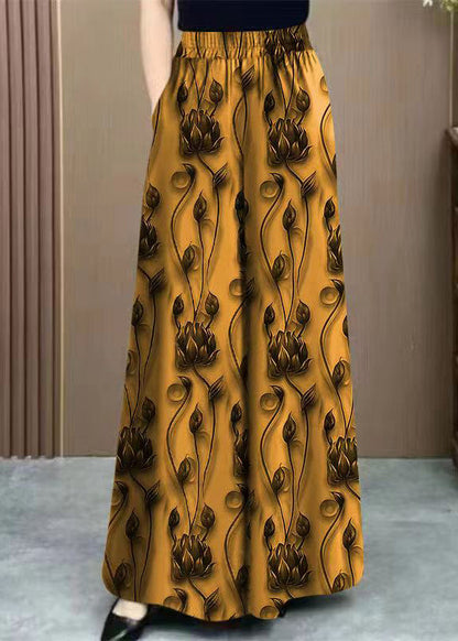 Pantalon taille haute élastique en soie jaune printanière, ample et imprimé