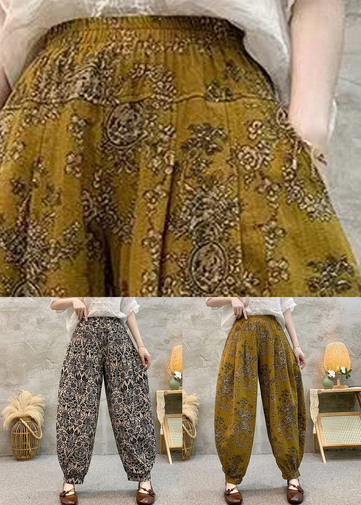 Loose Yellow Print Pockets Cotton Crop Pants Summer RE038