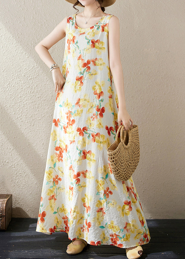 Loose Yellow Print Pockets Cotton Long Dress Sleeveless JH037