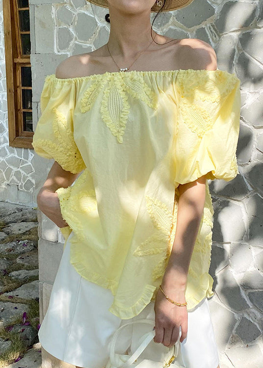 Sleeve Shirts Puff Ruffled Yellow Loose Cotton Embroidery T