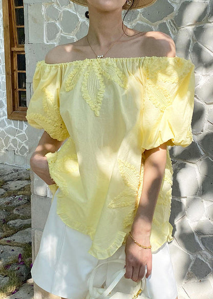 Sleeve Shirts Puff Ruffled Yellow Loose Cotton Embroidery T