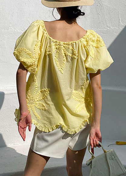 Sleeve Shirts Puff Ruffled Yellow Loose Cotton Embroidery T