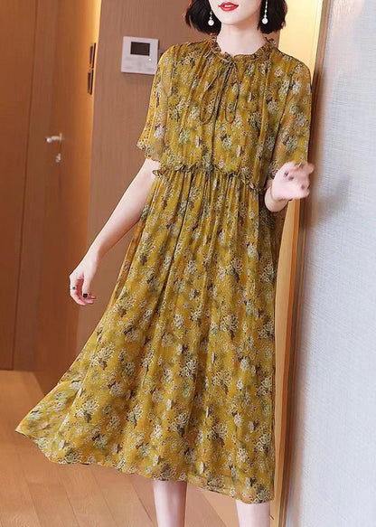 Robe ample en soie jaune à volants et lacets imprimés pour l'été OP1072