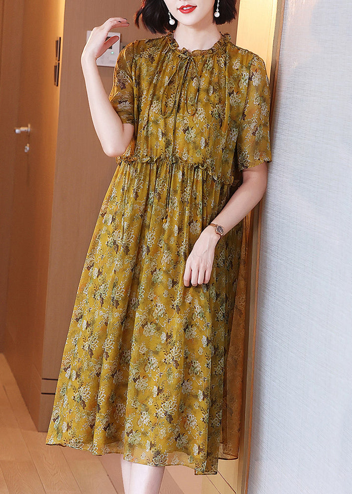 Loose Yellow Ruffled Lace Up Print Silk Dress Summer OP1072