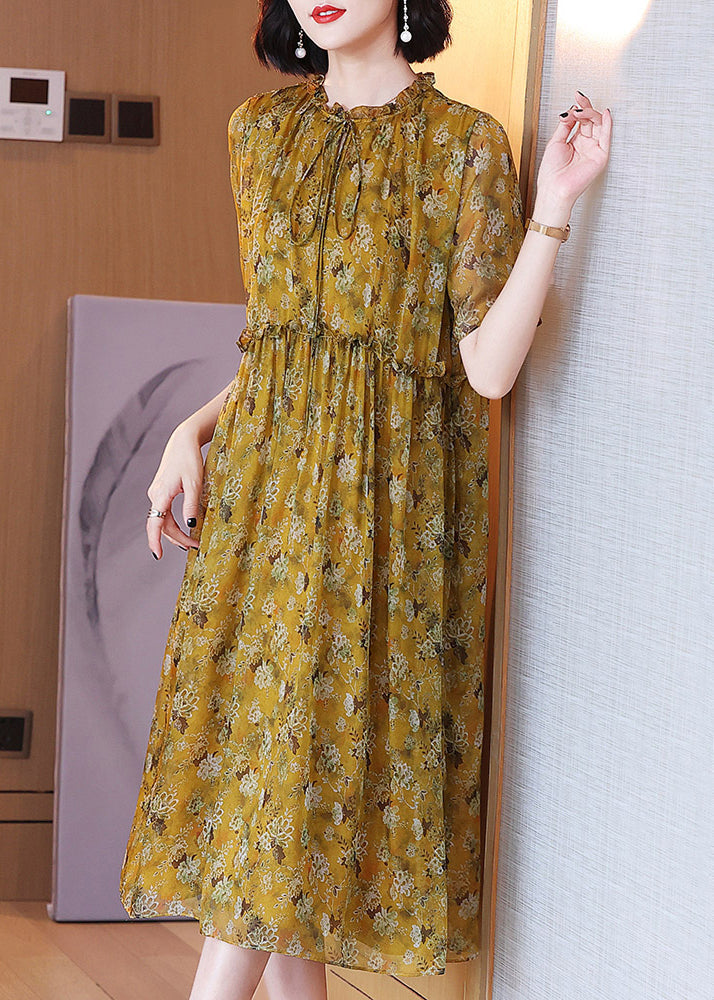 Loose Yellow Ruffled Lace Up Print Silk Dress Summer OP1072