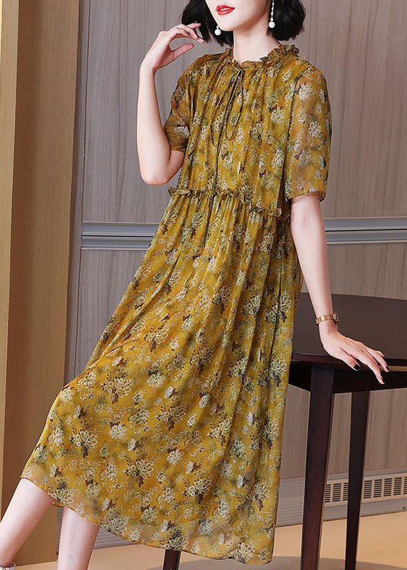 Loose Yellow Ruffled Lace Up Print Silk Dress Summer OP1072