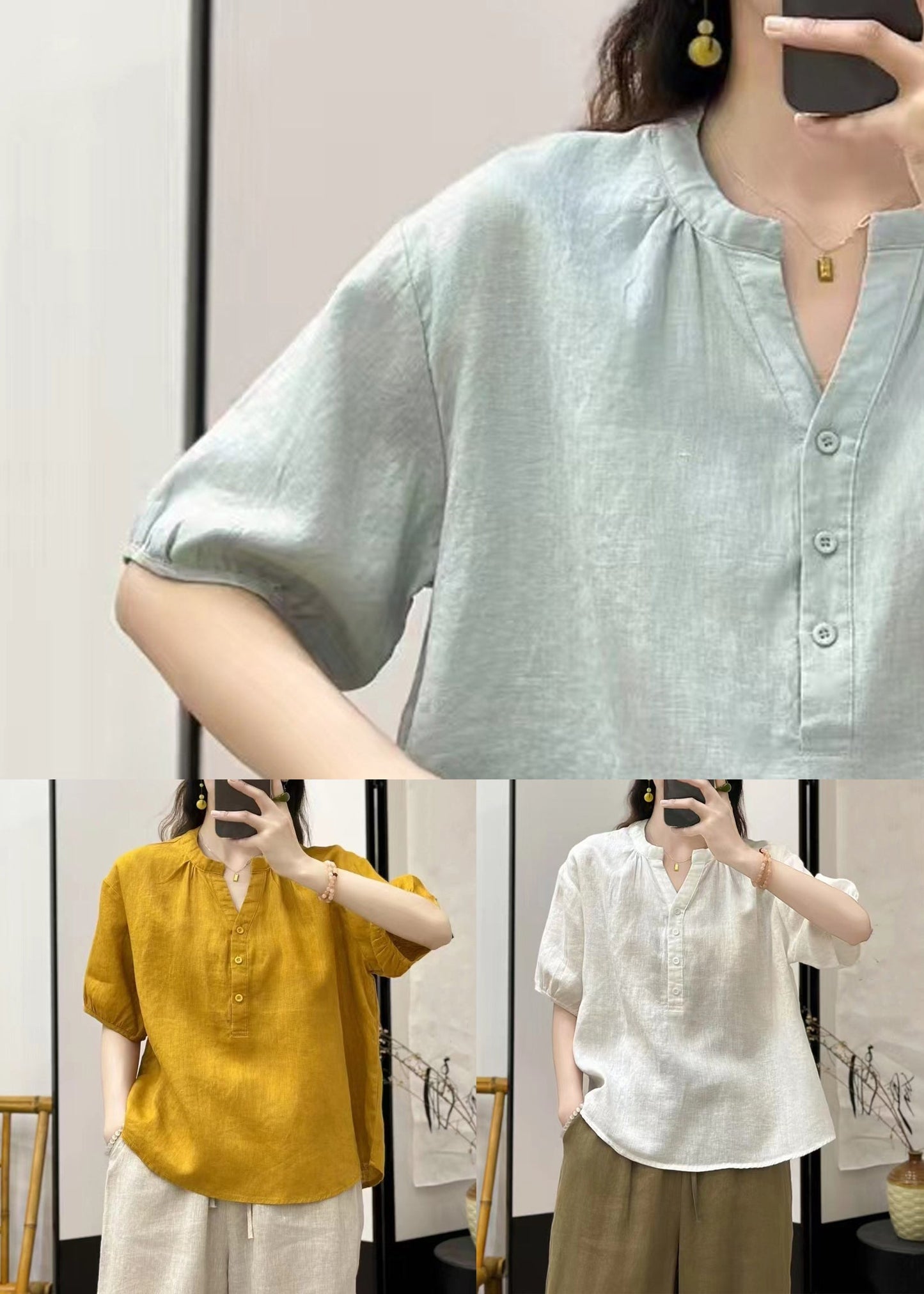 Button Loose Neck V Yellow Blouses Linen Summer