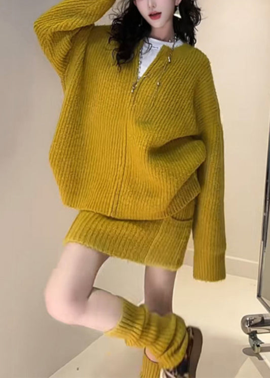 Set Fall Loose And Piece Skirts Cardigan Zippered Knit Yellow Two