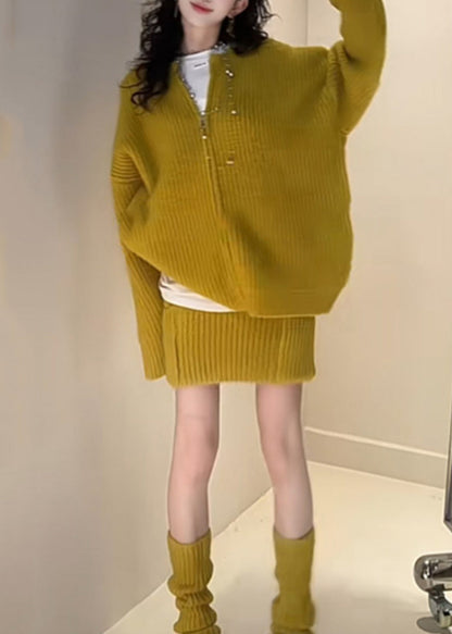 Set Fall Loose And Piece Skirts Cardigan Zippered Knit Yellow Two