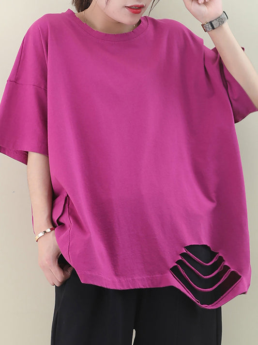 Plus Size  Loose Pure Color Hole Hem Summer T-shirt AA1021