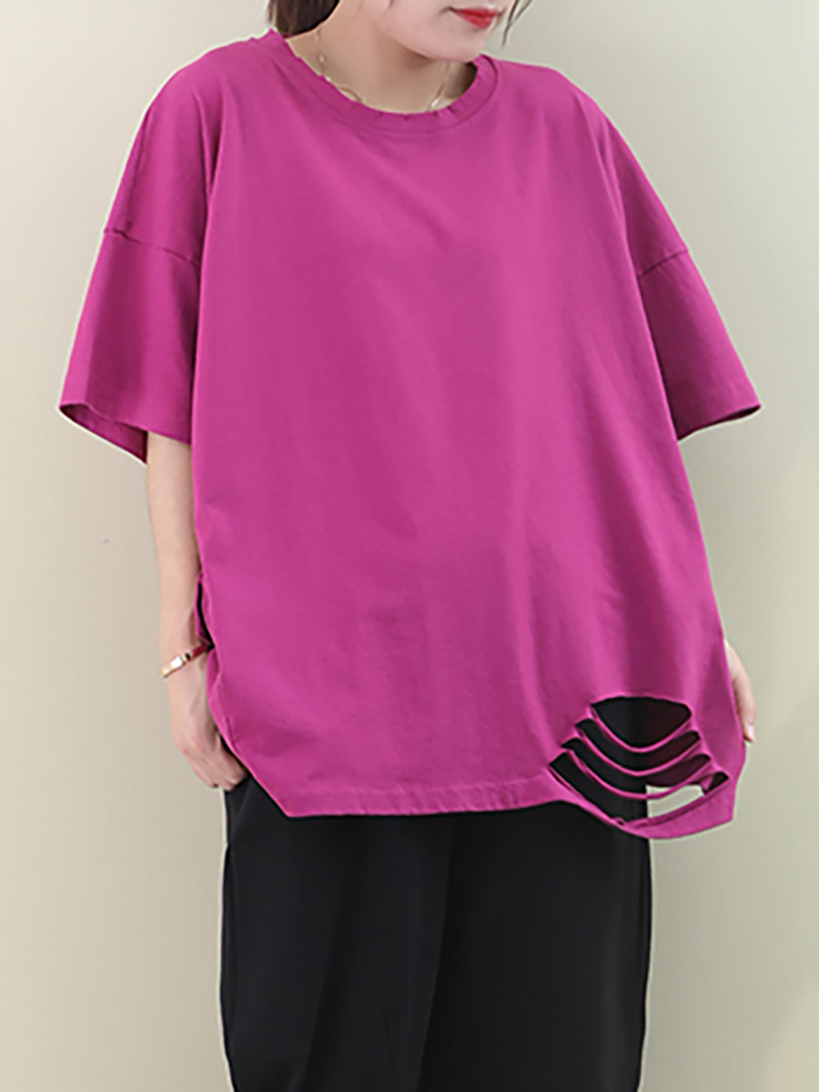 Plus Size  Loose Pure Color Hole Hem Summer T-shirt AA1021