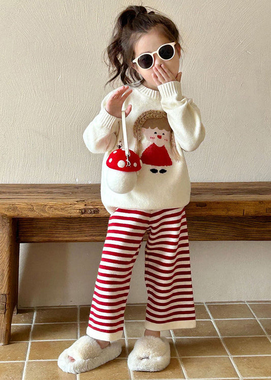 Schöne Beige O-Neck Charakter Kinder Baumwolle Strick Pullover Und Flare Hosen Zwei Stücke Set Frühling TR032