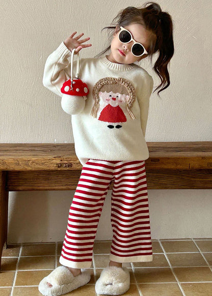 Ensemble deux pièces en tricot de coton beige à col rond et pantalon évasé pour enfants, printemps TR032