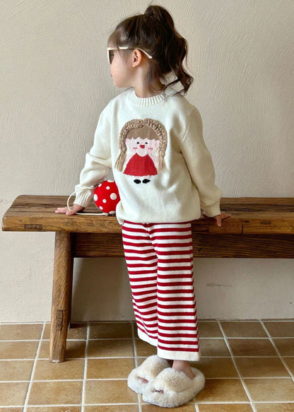 Ensemble deux pièces en tricot de coton beige à col rond et pantalon évasé pour enfants, printemps TR032