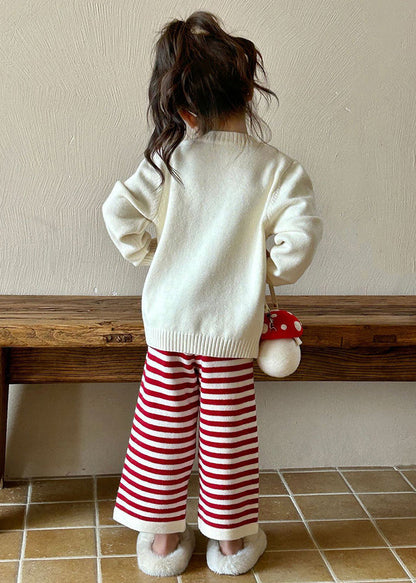 Ensemble deux pièces en tricot de coton beige à col rond et pantalon évasé pour enfants, printemps TR032