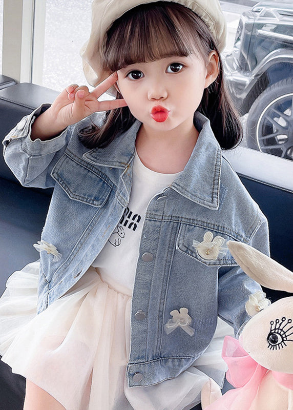 Lovely Blue Peter Pan Collar Patchwork Kids Denim Coat Fall QV035