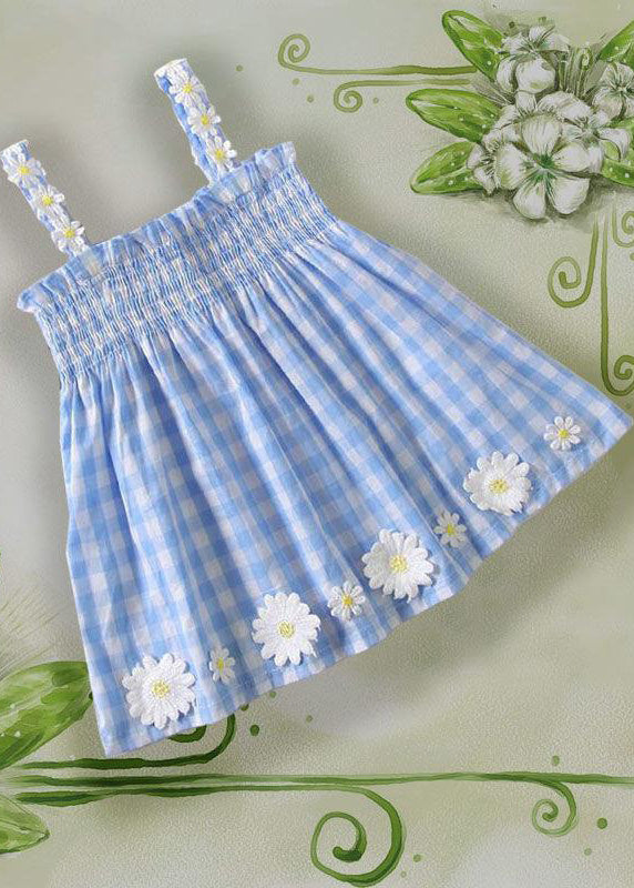 Schönes blau kariertes, faltiges, florales Baumwoll-Mittelkleid für Kinder, ärmellos, GF001